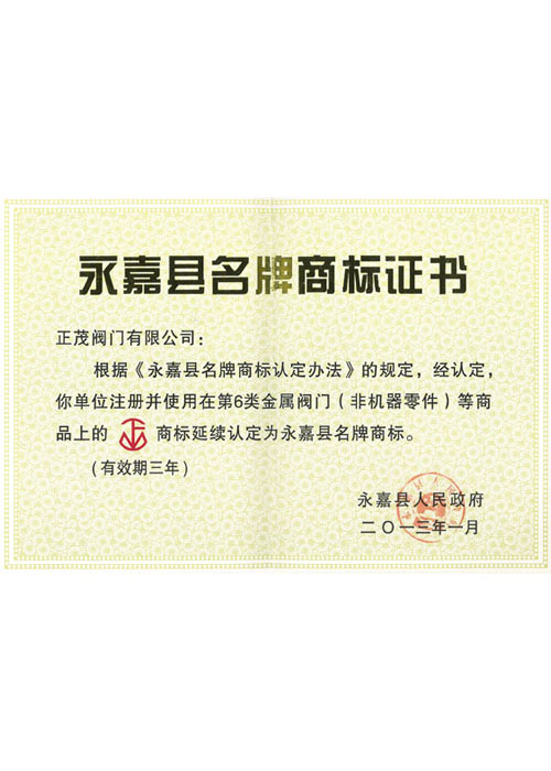 永嘉县名牌商标证书
